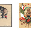 The Neoclassical Tattoo Flash by Schiffer Publishing, Ltd. features vintage-style designs: one with a skull, bird, and woman's face; the other with a sailing ship, lighthouse, flags, and banners—classic neoclassical tattoo art.