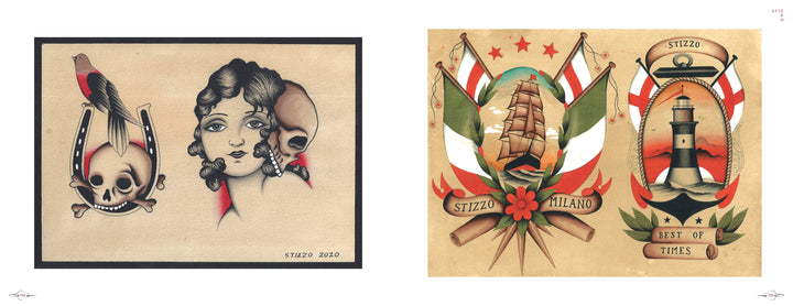 The Neoclassical Tattoo Flash by Schiffer Publishing, Ltd. features vintage-style designs: one with a skull, bird, and woman's face; the other with a sailing ship, lighthouse, flags, and banners—classic neoclassical tattoo art.