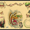 The "Original Tattoo Flash of John W. Harden" by Schiffer Publishing, Ltd. features hand-painted skull designs, including bandana styles, a winged biker skull, a grim reaper, and Harley-Davidson wreaths—perfect for tattoo inspiration.