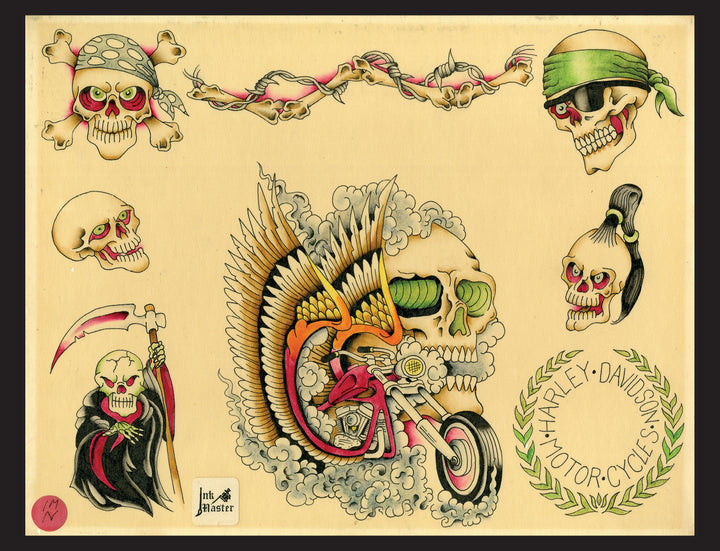 The "Original Tattoo Flash of John W. Harden" by Schiffer Publishing, Ltd. features hand-painted skull designs, including bandana styles, a winged biker skull, a grim reaper, and Harley-Davidson wreaths—perfect for tattoo inspiration.