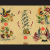 The "Original Tattoo Flash of John W. Harden" by Schiffer Publishing, Ltd. features hand-painted designs: a swallow with flowers, tall ship at sea, bird on branch, hatchlings with flowers, and an eagle with flags; some marked by three red dots.