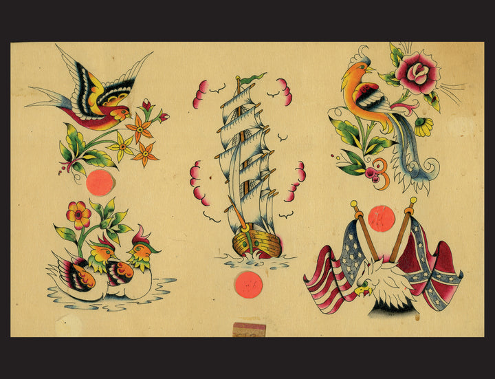 The "Original Tattoo Flash of John W. Harden" by Schiffer Publishing, Ltd. features hand-painted designs: a swallow with flowers, tall ship at sea, bird on branch, hatchlings with flowers, and an eagle with flags; some marked by three red dots.