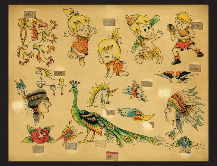 The Original Tattoo Flash of John W. Harden by Schiffer Publishing, Ltd. showcases vivid hand-painted designs—cartoon cave kids, a boxer, dragons, peacock, roses, Native American heads in vintage headdresses, a unicorn, and birds—all priced.