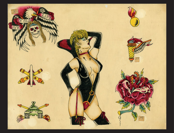 The Original Tattoo Flash of John W. Harden by Schiffer Publishing, Ltd. showcases hand-painted vintage designs like a pin-up woman in black lingerie and a winged skull with “Live or Die” banner, inspired by legend John Wesley Harden.