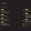 Table of contents on a black background with gold text from "RIVALS" by Schiffer Publishing, Ltd. Chapters like “Labyrinth of the Mind” and “Mechanical Messiah” display bold movie character designs by a top concept artist, each with page numbers.