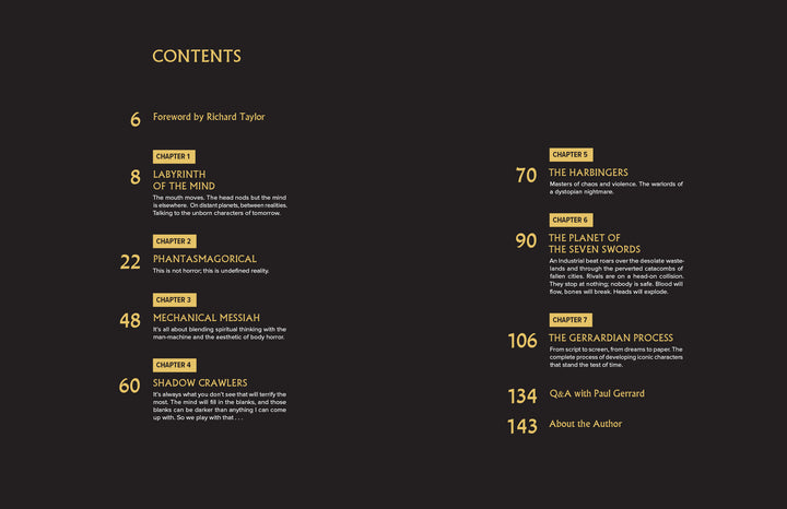 Table of contents on a black background with gold text from "RIVALS" by Schiffer Publishing, Ltd. Chapters like “Labyrinth of the Mind” and “Mechanical Messiah” display bold movie character designs by a top concept artist, each with page numbers.