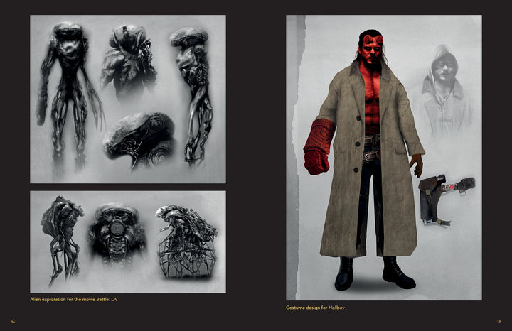 On the left are black-and-white alien concept sketches labeled “Alien exploration for RIVALS.” On the right, a full-body colored costume design is shown from the Schiffer Publishing, Ltd. art book.
