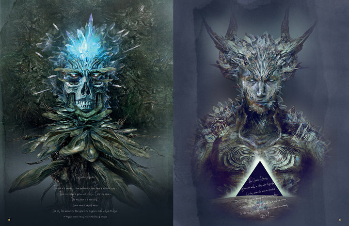 RIVALS by Schiffer Publishing, Ltd. features two mystical humanoid characters: one with a blue glowing skull, ice shards, and leafy armor; the other feminine with branch-like horns and a glowing black triangle on the chest.