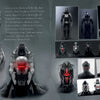 A two-page spread in the Paul Gerrard art book RIVALS by Schiffer Publishing, Ltd. features Battlestar Galactica Cylon robot designs—various head and torso sketches with red glowing eyes and notes on a gray background.