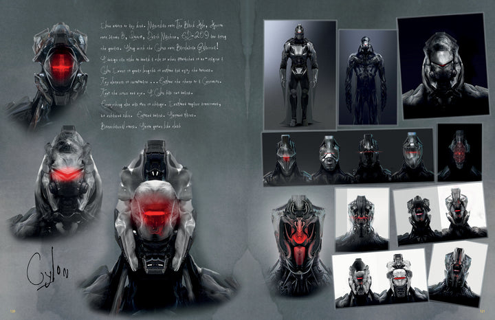 A two-page spread in the Paul Gerrard art book RIVALS by Schiffer Publishing, Ltd. features Battlestar Galactica Cylon robot designs—various head and torso sketches with red glowing eyes and notes on a gray background.