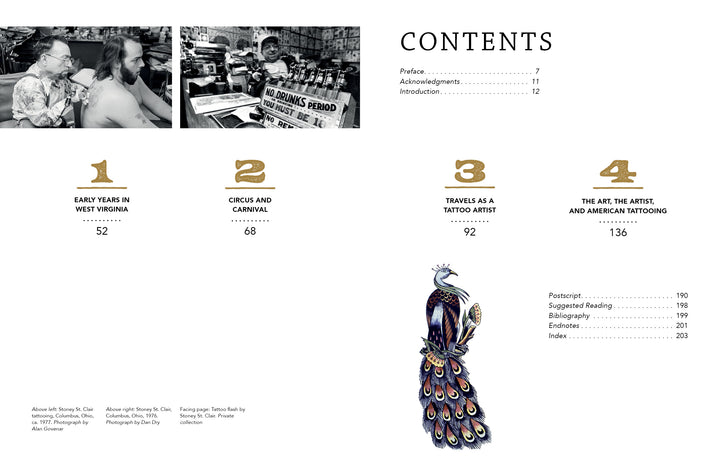 The contents page of Stoney Knows How (Schiffer Publishing, Ltd.) lists four chapters over two pages, each with chapter titles, numbers, page numbers, vintage photos, and a peacock illustration inspired by tattoo icon Stoney St. Clair.