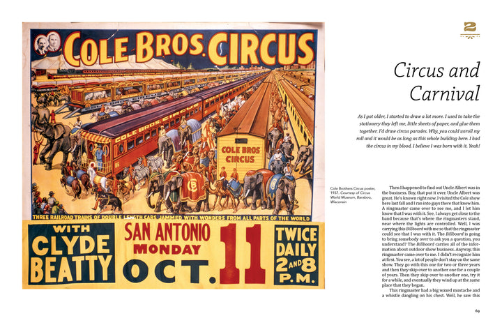 Inspired by Stoney St. Clair, "Stoney Knows How" from Schiffer Publishing, Ltd. features colorful circus artwork with trains, tents, animals, and performers; text: Cole Bros. Circus with Clyde Beatty, San Antonio, Mon Oct 11, 2PM & 8PM.