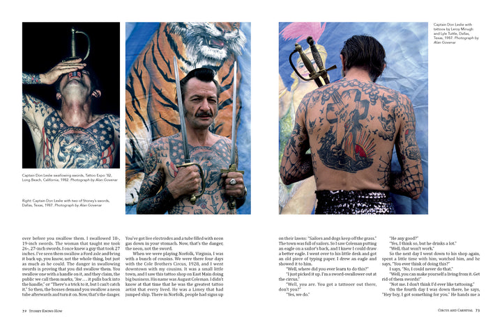 A magazine spread showcases tattooed men: the left and center feature a man with nautical tattoos and a sword in his mouth before a tiger mural; the right highlights a Stoney St. Clair-inspired ship—like "Stoney Knows How" by Schiffer Publishing, Ltd.
