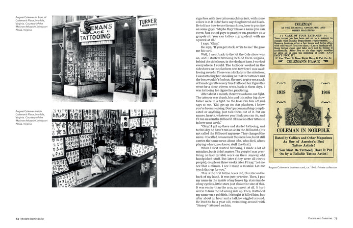 Four black-and-white photos from "Stoney Knows How" by Schiffer Publishing, Ltd. feature tattoo shops, artists, American tattoo legend Stoney St. Clair, storefronts, vintage ads, and a portrait of a man in uniform. Text appears on the center and right pages.