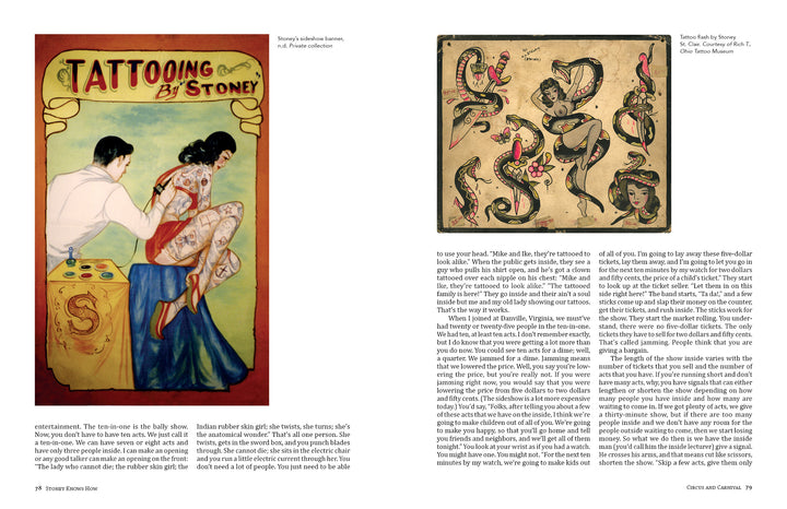 Left: “Stoney Knows How” by Schiffer Publishing, Ltd. features a vintage image of tattoo legend Stoney St. Clair at work. Right: Classic illustration of snakes with daggers, flowers, and hearts on aged paper.
