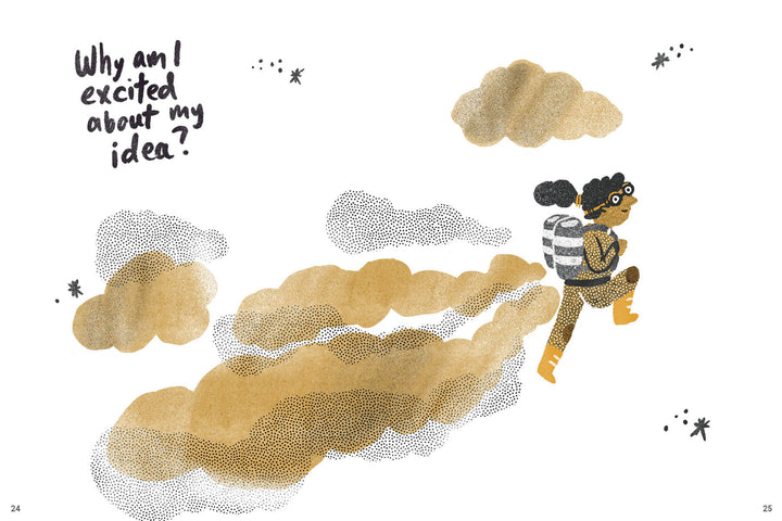 Illustration shows a person with a striped backpack soaring through golden clouds. The handwritten text, “Why am I excited about My Idea?” adds whimsical inspiration to Schiffer Publishing, Ltd.'s creativity guide.