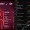 A two-page contents section in "The Who" by Schiffer Publishing, Ltd. shows a left page with a red-tinted photo of Pete Townshend performing, while the right page lists chapters in white and red text on a dark background.