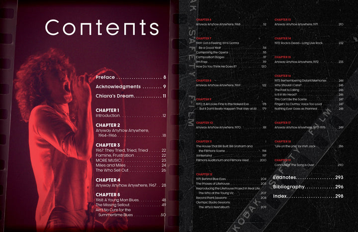 A two-page contents section in "The Who" by Schiffer Publishing, Ltd. shows a left page with a red-tinted photo of Pete Townshend performing, while the right page lists chapters in white and red text on a dark background.