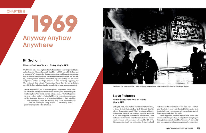 A black-and-white photo shows people at night outside New York City's Fillmore East, its marquee listing The Who. Memories from Bill Graham and Steve Richards and text about a 1969 concert appear in this Schiffer Publishing, Ltd. release.