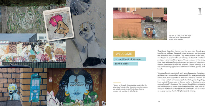 The left page bursts with vibrant murals by women street artists, while the right features a portrait mural, intro text, and “WELCOME to the World of Women on the Walls,” from Schiffer Publishing’s "Women on the Walls.
