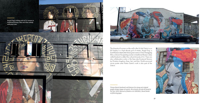 A two-page magazine spread from Schiffer Publishing, Ltd.'s "Women on the Walls" showcases vibrant urban murals celebrating women in street art, with bold female portraits and abstract geometric designs adorning city buildings.