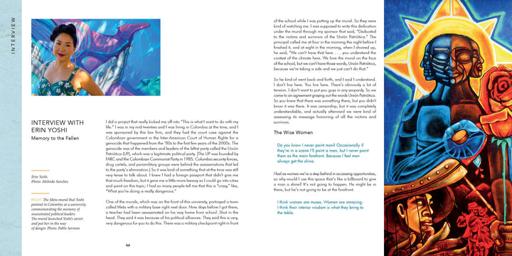 A magazine spread features "Women on the Walls" by Schiffer Publishing, Ltd., showcasing Erin Yoshi’s portrait before a mural and a vibrant painting exploring street art’s cultural context and resilience.