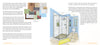 A spread from The Future Interior Designer’s Handbook by Schiffer Publishing, Ltd. displays a cozy living room mood board with textured pillows and wood flooring on the left and a hand-drawn spacious bathroom with a glass shower on the right.
