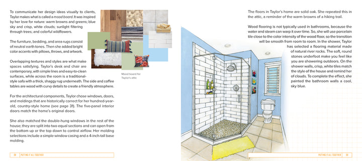 A spread from The Future Interior Designer’s Handbook by Schiffer Publishing, Ltd. displays a cozy living room mood board with textured pillows and wood flooring on the left and a hand-drawn spacious bathroom with a glass shower on the right.