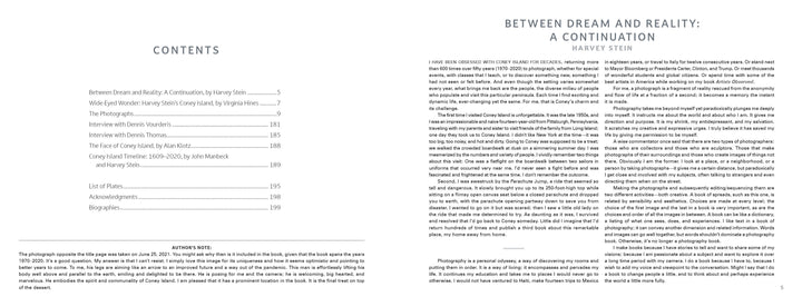 An open copy of "Coney Island People" by Schiffer Publishing, Ltd. reveals the table of contents on the left and a two-column essay, "Between Dream and Reality: A Continuation" by Coney Island photographer Harvey Stein, on the right.