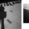Left: Shadows of two people on pavement with "CONEY ISLAND" above, in classic Coney Island style. Right: Crowded beach, close-up of an arm holding a phone—echoing Harvey Stein’s style. From "Coney Island People" by Schiffer Publishing, Ltd.