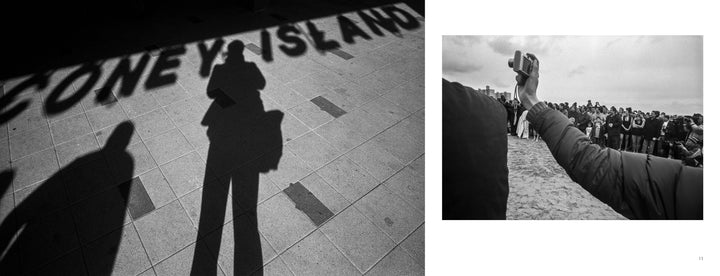 Left: Shadows of two people on pavement with "CONEY ISLAND" above, in classic Coney Island style. Right: Crowded beach, close-up of an arm holding a phone—echoing Harvey Stein’s style. From "Coney Island People" by Schiffer Publishing, Ltd.