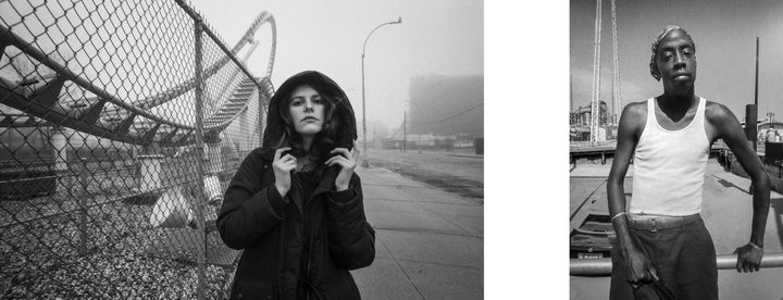 Coney Island People" by Schiffer Publishing, Ltd. features striking black-and-white photos of a woman in a hooded coat by a roller coaster and a man in a tank top, inspired by classic Coney Island street photography.