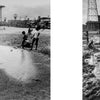 Children play in wet sand and shallow water on a lively Coney Island beach with people, buildings, and an amusement park tower in the background—captured in striking black-and-white photos from "Coney Island People" by Schiffer Publishing, Ltd.