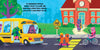 Illustration from "Big P Takes a Fall (and That’s Not All)" by Schiffer Publishing, Ltd.: letter characters chat at Alphabet School as a yellow bus arrives, kicking off an alphabet adventure beside the red school building and playground.