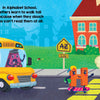 Illustration from "Big P Takes a Fall (and That’s Not All)" by Schiffer Publishing, Ltd.: letter characters chat at Alphabet School as a yellow bus arrives, kicking off an alphabet adventure beside the red school building and playground.