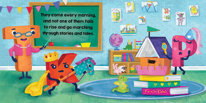 In "Big P Takes a Fall (and That’s Not All)" by Schiffer Publishing, Ltd., animated letters T, L, and P go on an alphabet adventure in a vibrant classroom with books and toys, where a chalkboard reveals rhymes from their alphabet book.