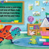 In "Big P Takes a Fall (and That’s Not All)" by Schiffer Publishing, Ltd., letters T, A, and P explore a lively classroom—T points to a chalkboard, A is a king on a toy horse, and P smiles near a book fort among drawings and books.