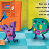 In Schiffer Publishing, Ltd.’s "Big P Takes a Fall (and That’s Not All)," illustrated letters Q, Y, D, and small b embark on an alphabet adventure. Q has a book; Y picks up crayons; D holds small b’s hand. The wall reveals small b and D are siblings.