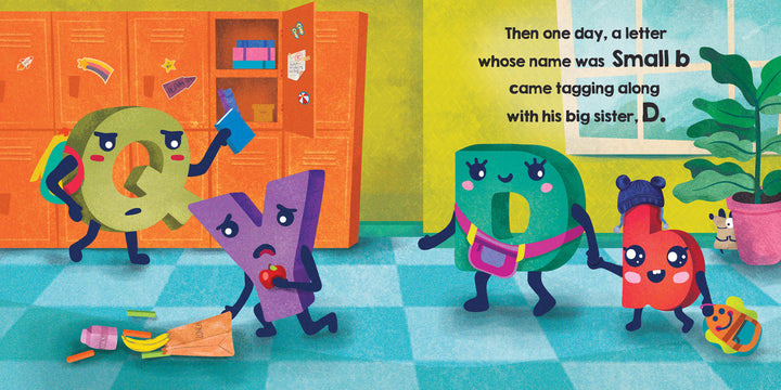 In Schiffer Publishing, Ltd.’s “Big P Takes a Fall (and That’s Not All),” animated letters Q, Y, D, and small b explore a colorful school hallway. Q has a backpack, Y grabs pencils, D holds small b’s hand as wall text introduces them.