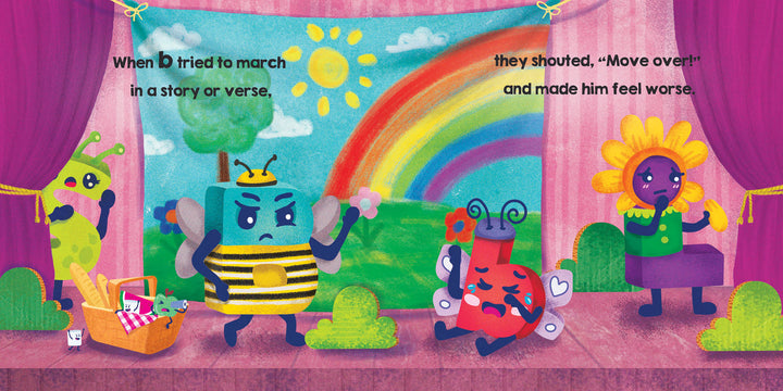A vibrant stage scene with quirky characters—a green alien, a floral bee, a springy red block, and a sunflower person—unfolds under a sunny rainbow backdrop. “Big P Takes a Fall (and That’s Not All)” by Schiffer Publishing, Ltd. is featured.