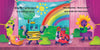 A colorful stage from "Big P Takes a Fall (and That’s Not All)" by Schiffer Publishing, Ltd. shows cartoon letters as characters—a green alien, sad bee, crying heart, and worried sunflower—against a rainbow backdrop with a picnic basket.