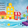 A cartoon of heavy rain flooding a colorful town, with water, floating objects, and a dog in a rowboat on an alphabet adventure. "Big P Takes a Fall (and That’s Not All)" by Schiffer Publishing, Ltd. Text appears on the left side.