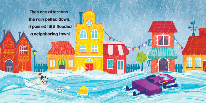 A vibrant scene from "Big P Takes a Fall (and That’s Not All)" by Schiffer Publishing, Ltd.: cartoon buildings, heavy rain, flooding streets, and a dog in a boat with a purple car and cheese on this lively alphabet adventure.