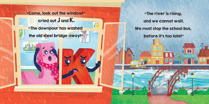 In Big P Takes a Fall (and That’s Not All) by Schiffer Publishing, Ltd., animated letters face rising waters and a broken bridge as rain pours on colorful houses, while rhyming text narrates their alphabet adventure and concern.