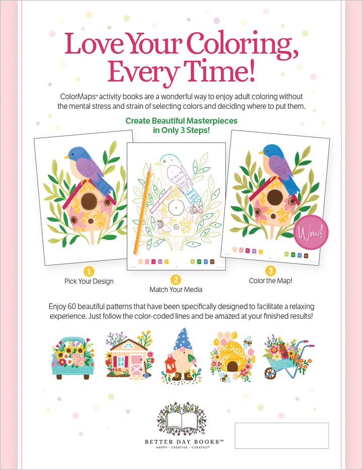 A promotional page for Schiffer Publishing, Ltd.'s ColorMaps: Garden adult coloring book shows three stages of coloring a birdhouse image and finished examples below, highlighting easy, stress-free coloring with color-coded patterns.