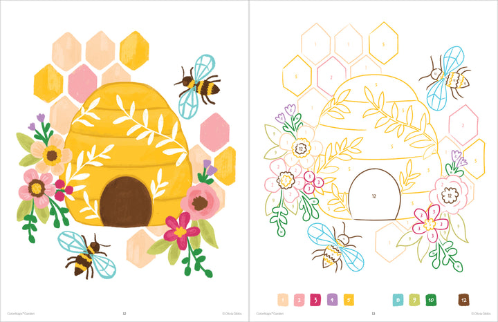 Two side-by-side images from ColorMaps: Garden by Schiffer Publishing, Ltd.: the left shows a vibrant beehive with flowers, bees, and honeycomb; the right features a stress-free color-by-number design with coded patterns and a key at the bottom.