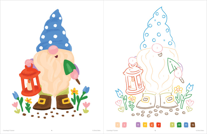 The ColorMaps: Garden by Schiffer Publishing, Ltd. features a gnome with a blue polka-dot hat, orange lantern, and green trowel among flowers. Left side is colored; right side has color-coded patterns for stress-free adult coloring.