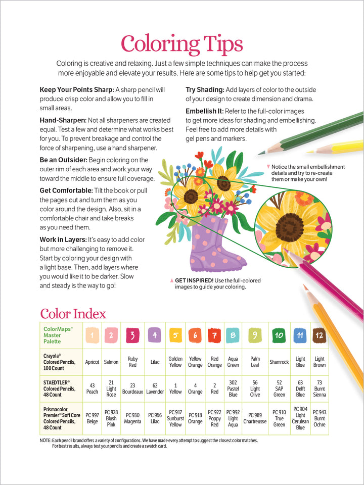 ColorMaps: Garden by Schiffer Publishing, Ltd. offers coloring tips for adults, with a partially colored floral vase, guidance on pencils, shading, color choices, tool use, and a color index for stress-free creativity.