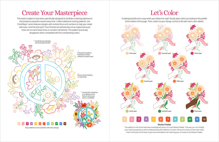ColorMaps: Be Happy by Schiffer Publishing, Ltd. features a floral peace sign with color-coded patterns and sample colored bouquets—ideal for stress-free coloring inspired by adult coloring books and pastel palettes.