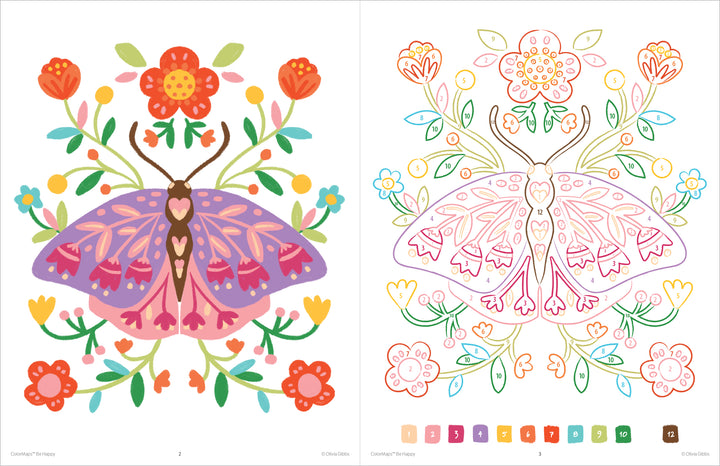 ColorMaps: Be Happy by Schiffer Publishing, Ltd. features a symmetrical moth with purple wings and vibrant flowers on the left, plus a matching outlined coloring page and color key—perfect for stress-free coloring fun.